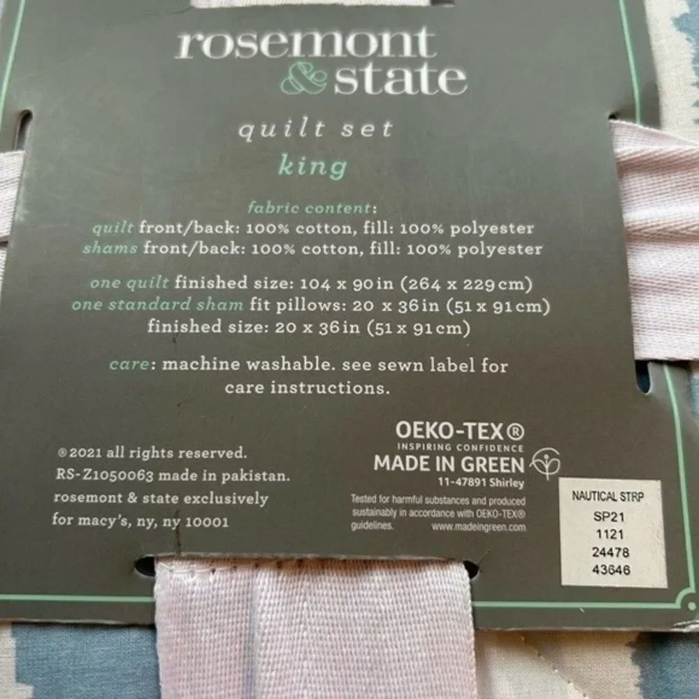 Rosemont & State Quilt Set King Size with 2 shams. NWT. %100 Cotton.